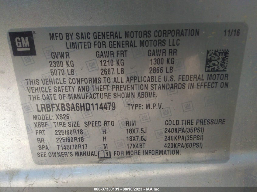 VIN LRBFXBSA6HD114479 2017 BUICK ENVISION ESSENCE