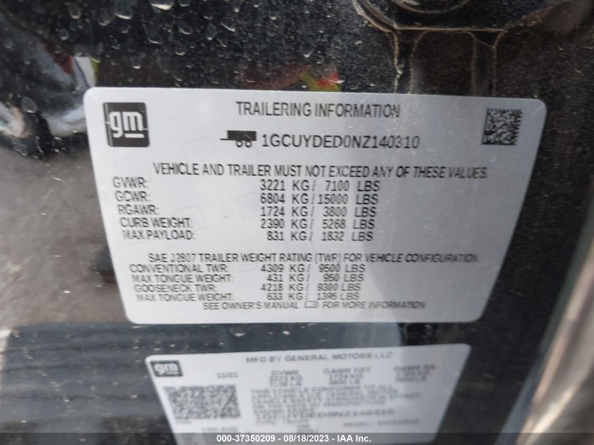 2022 CHEVROLET SILVERADO 1500 LTD LT 1GCUYDED0NZ140310