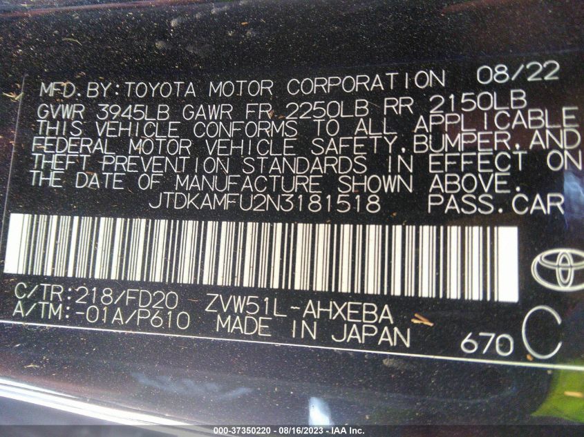 2022 TOYOTA PRIUS L - JTDKAMFU2N3181518