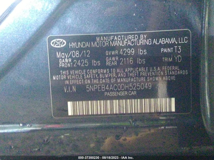2013 HYUNDAI SONATA GLS PZEV - 5NPEB4AC0DH525049