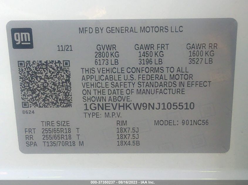 2022 CHEVROLET TRAVERSE LT LEATHER - 1GNEVHKW9NJ105510
