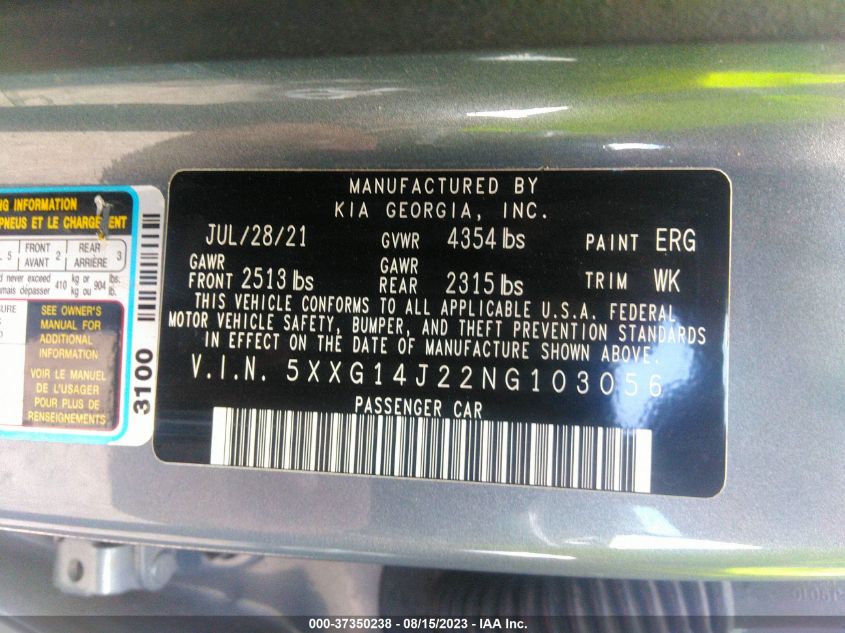 2022 KIA K5 LXS - 5XXG14J22NG103056