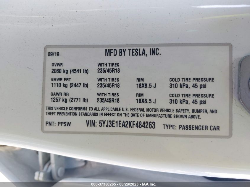 2019 TESLA MODEL 3 RANGE - 5YJ3E1EA2KF484263