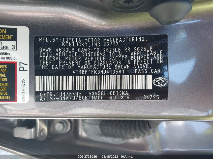 2017 TOYOTA CAMRY XLE/SE/LE/XSE - 4T1BF1FK8HU413581