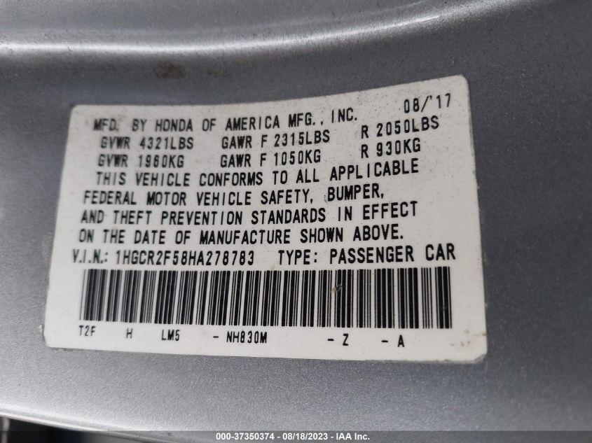 2017 HONDA ACCORD SEDAN SPORT - 1HGCR2F58HA278783