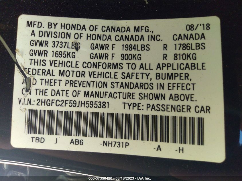 2018 HONDA CIVIC SEDAN LX - 2HGFC2F59JH595381