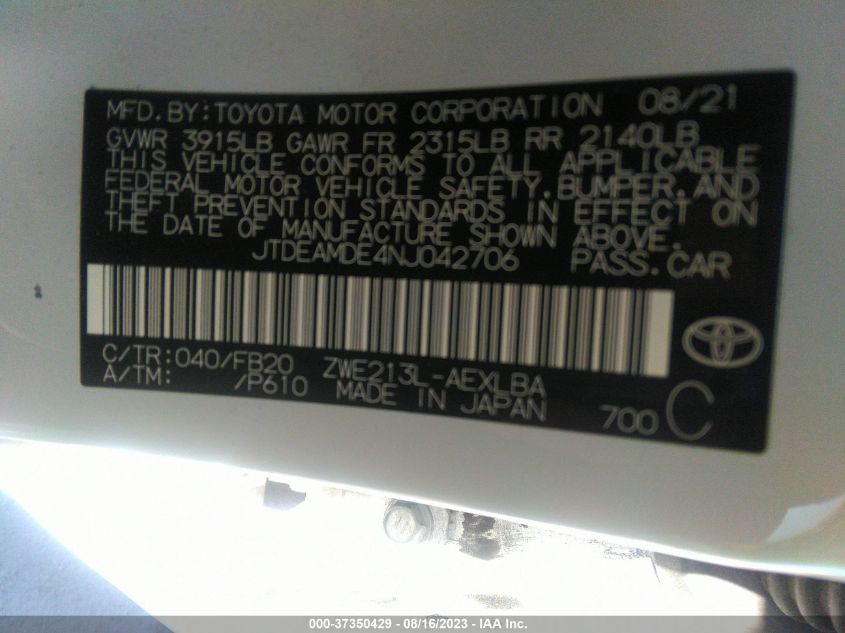 2022 TOYOTA COROLLA HYBRID LE - JTDEAMDE4NJ042706