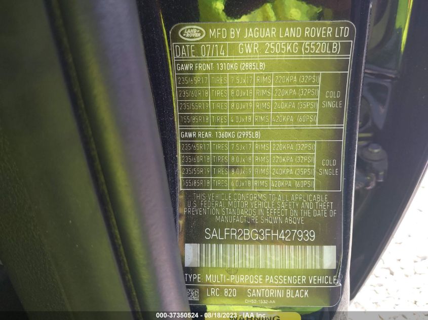 2015 LAND ROVER LR2 HSE SALFR2BG3FH427939
