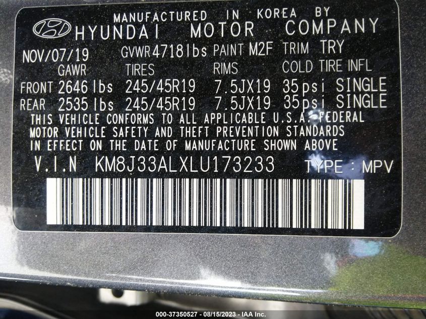 2020 HYUNDAI TUCSON SPORT - KM8J33ALXLU173233