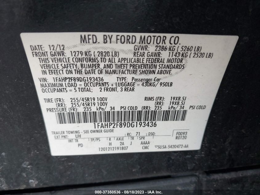 2013 FORD TAURUS LIMITED - 1FAHP2F89DG193436