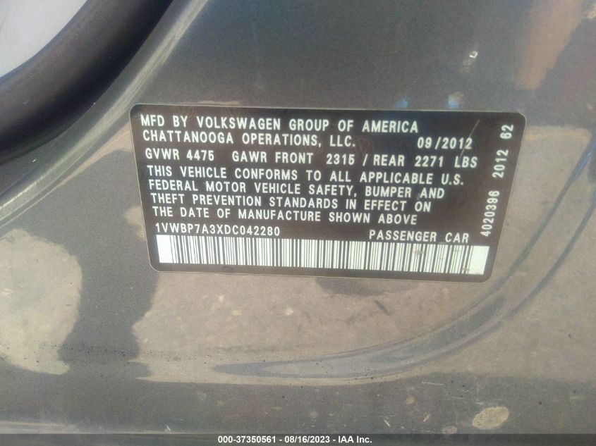 2013 VOLKSWAGEN PASSAT SE - 1VWBP7A3XDC042280