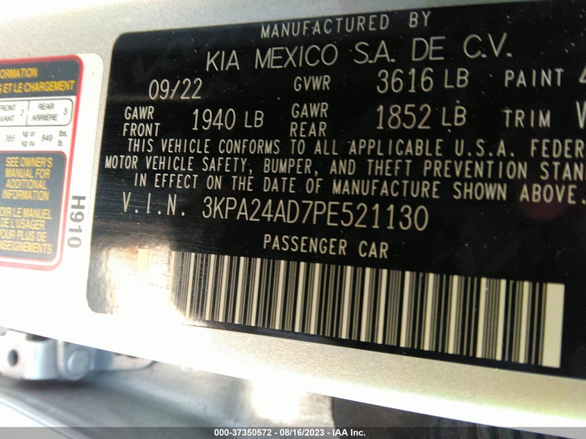 VIN 3KPA24AD7PE521130 2023 KIA RIO S