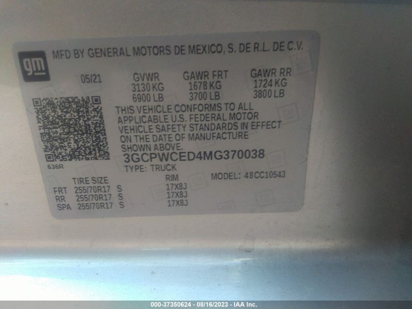 2021 CHEVROLET SILVERADO 1500 LT - 3GCPWCED4MG370038