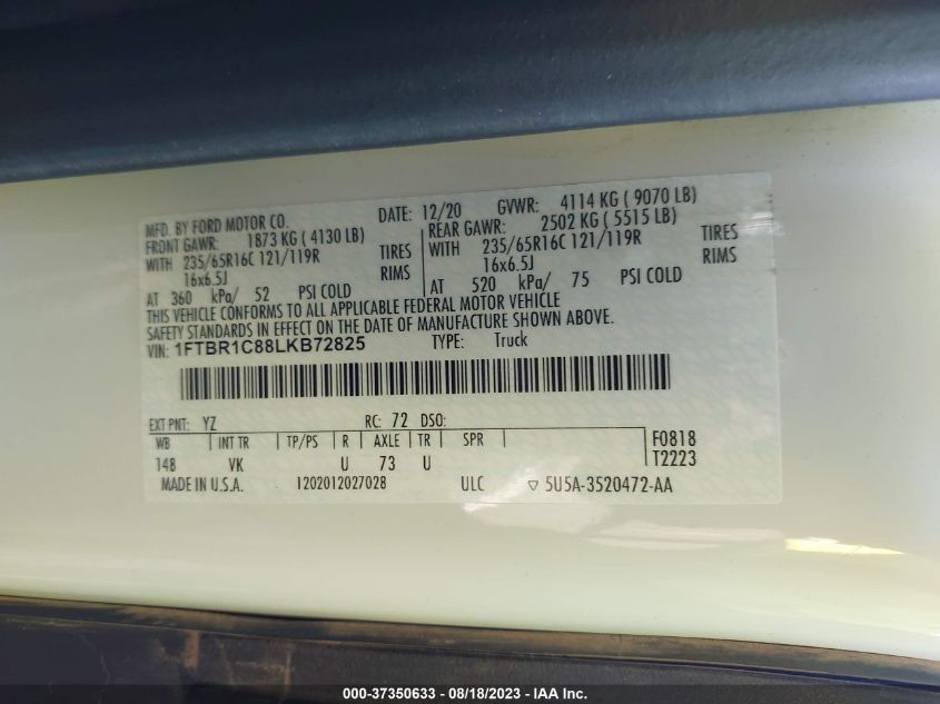 2020 FORD TRANSIT CARGO VAN - 1FTBR1C88LKB72825