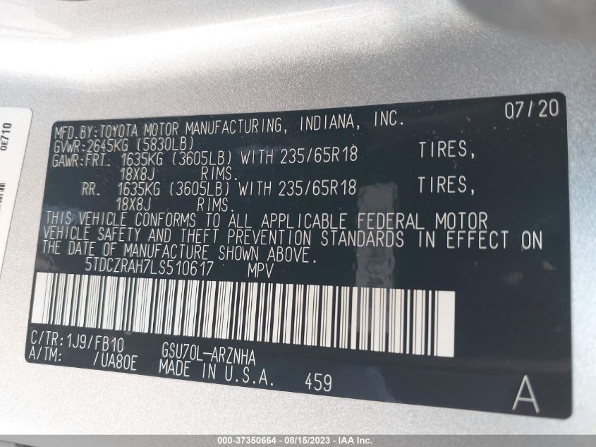 2020 TOYOTA HIGHLANDER L - 5TDCZRAH7LS510617