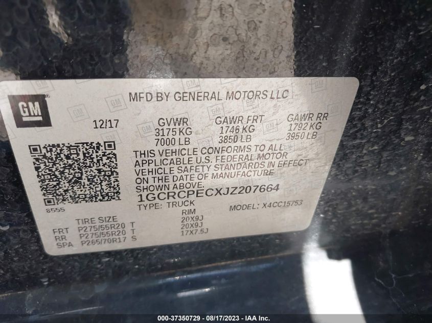 2018 CHEVROLET SILVERADO 1500 CUSTOM - 1GCRCPECXJZ207664