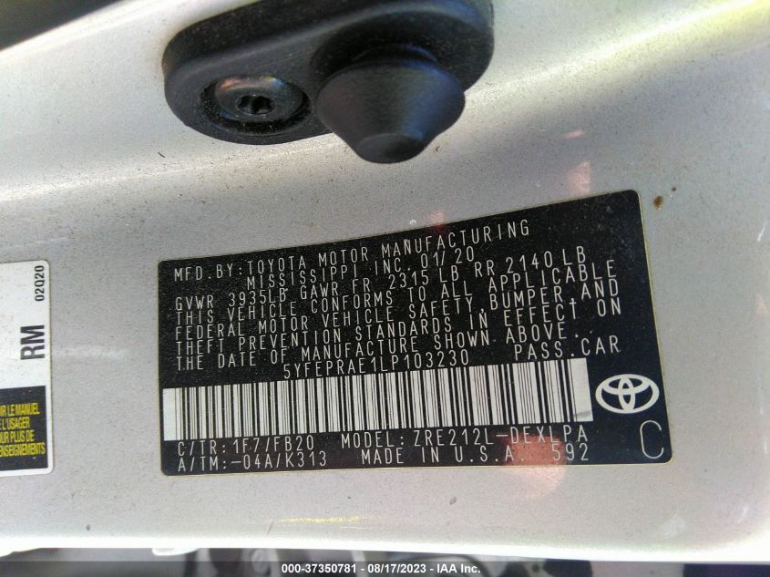 2020 TOYOTA COROLLA LE - 5YFEPRAE1LP103230