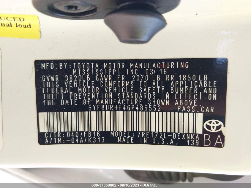 2016 TOYOTA COROLLA L/LE/S/S PLUS/LE PLUS - 5YFBURHE4GP485552