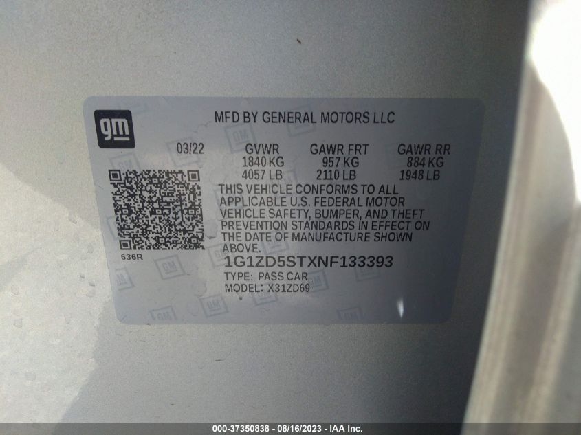 2022 CHEVROLET MALIBU LT - 1G1ZD5STXNF133393