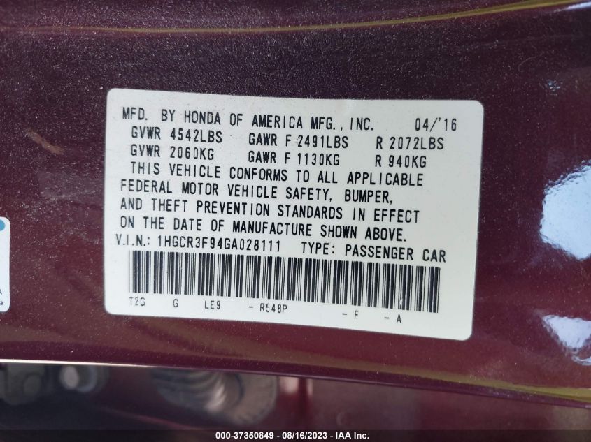 2016 HONDA ACCORD SEDAN TOURING - 1HGCR3F94GA028111