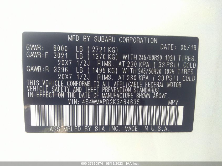 2019 SUBARU ASCENT LIMITED - 4S4WMAPD2K3484635