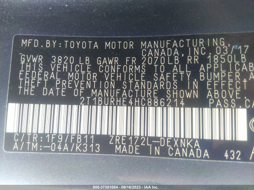 2017 TOYOTA COROLLA L/LE/XLE/SE - 2T1BURHE4HC886214