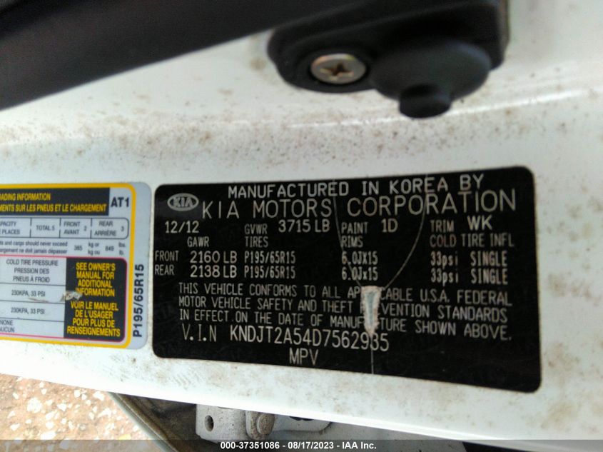 2013 KIA SOUL BASE - KNDJT2A54D7562935