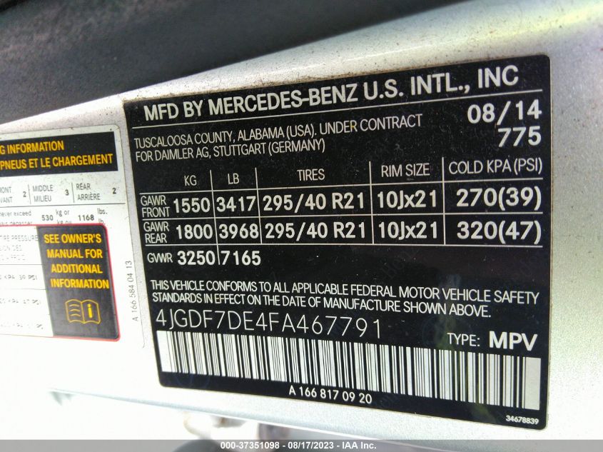 2015 MERCEDES-BENZ GL 550 4JGDF7DE4FA467791