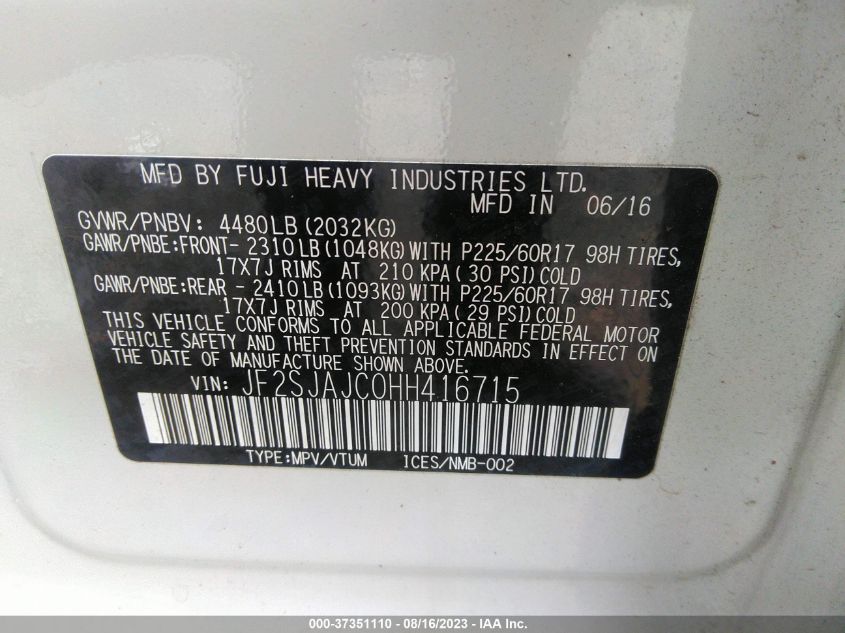 2017 SUBARU FORESTER LIMITED - JF2SJAJC0HH416715
