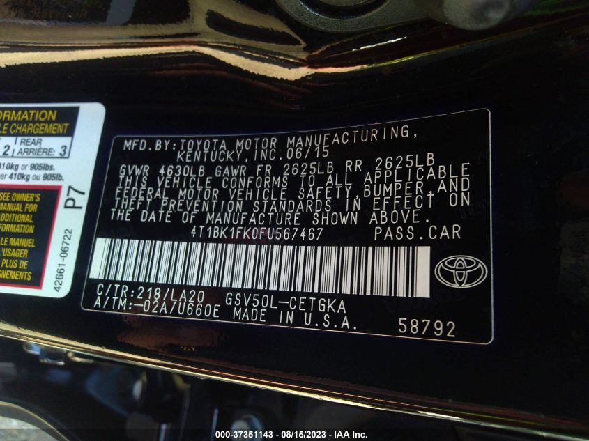2015 TOYOTA CAMRY XSE/XLE - 4T1BK1FK0FU567467