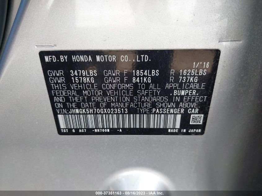 2016 HONDA FIT EX/EXL - JHMGK5H70GX023513