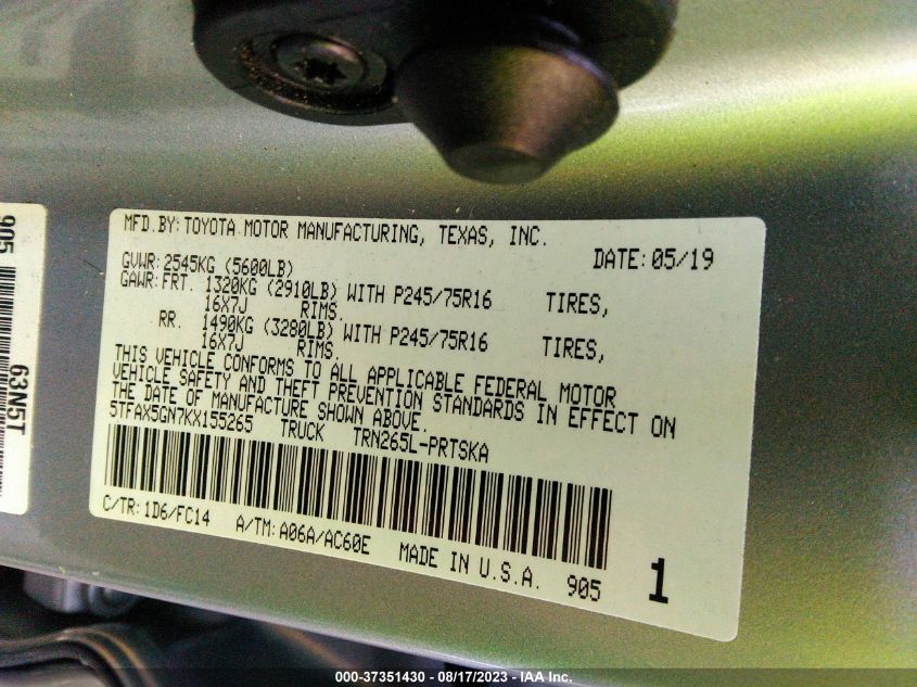 2019 TOYOTA TACOMA 2WD SR/SR5 - 5TFAX5GN7KX155265