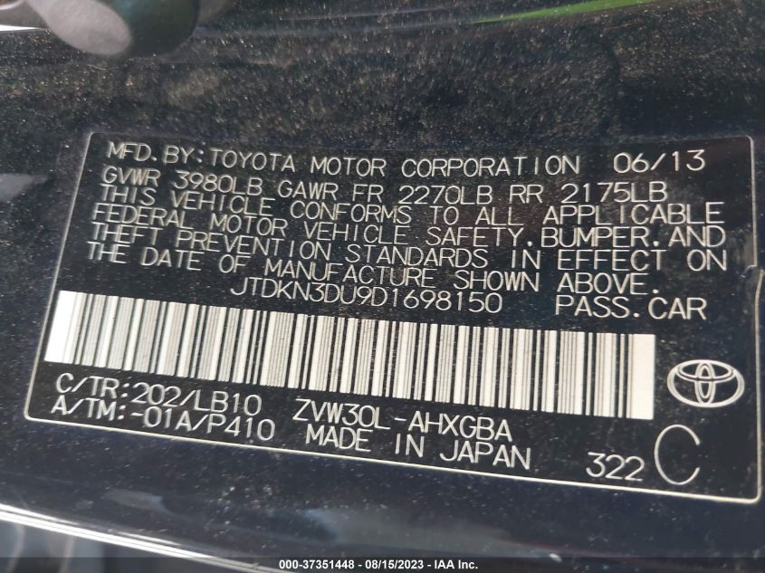 2013 TOYOTA PRIUS ONE/TWO/THREE/FOUR/FIVE - JTDKN3DU9D1698150