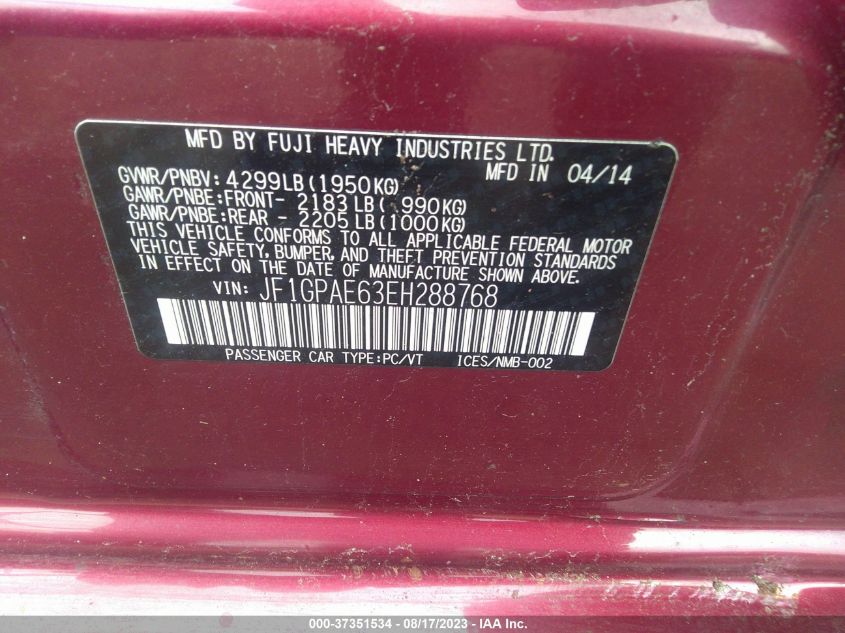 2014 SUBARU IMPREZA WAGON 2.0I PREMIUM - JF1GPAE63EH288768