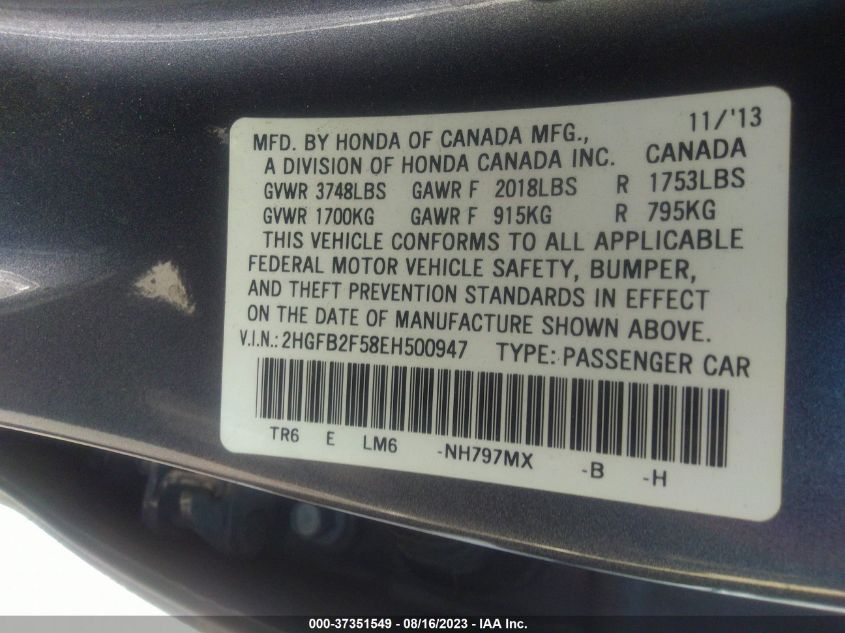 2014 HONDA CIVIC SEDAN LX - 2HGFB2F58EH500947