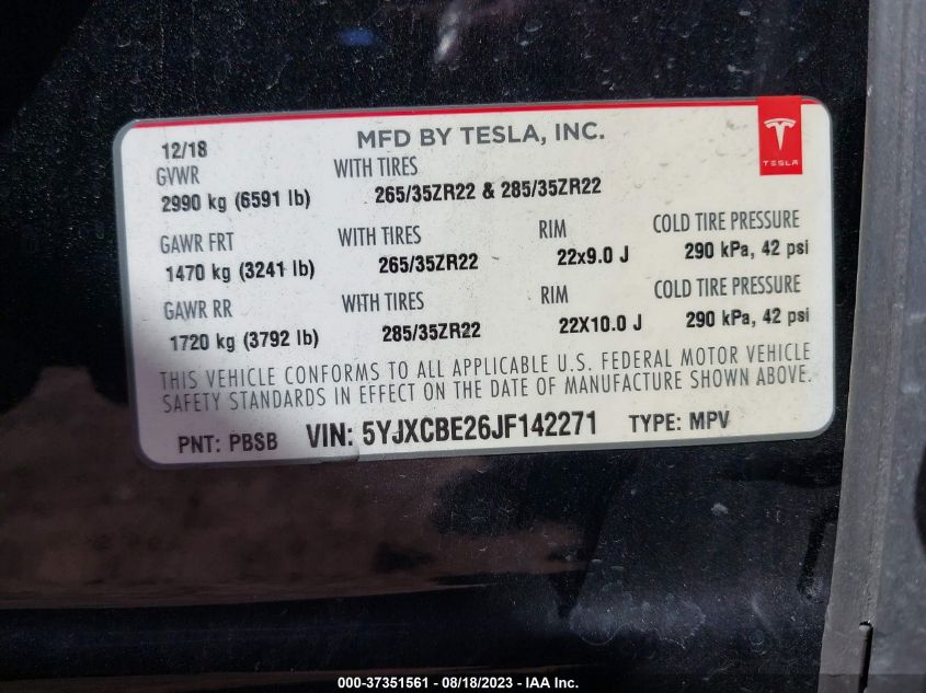 2018 TESLA MODEL X 75D/100D/P100D - 5YJXCBE26JF142271