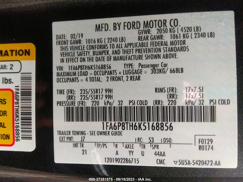 1FA6P8TH6K5168856 Ford Mustang ECOBOOST 9