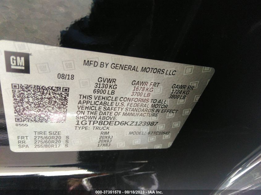 2019 GMC SIERRA 1500 SLT - 1GTP8DED6KZ123987