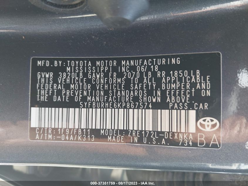 2019 TOYOTA COROLLA L/LE/SE/XLE/XSE - 5YFBURHE6KP867574