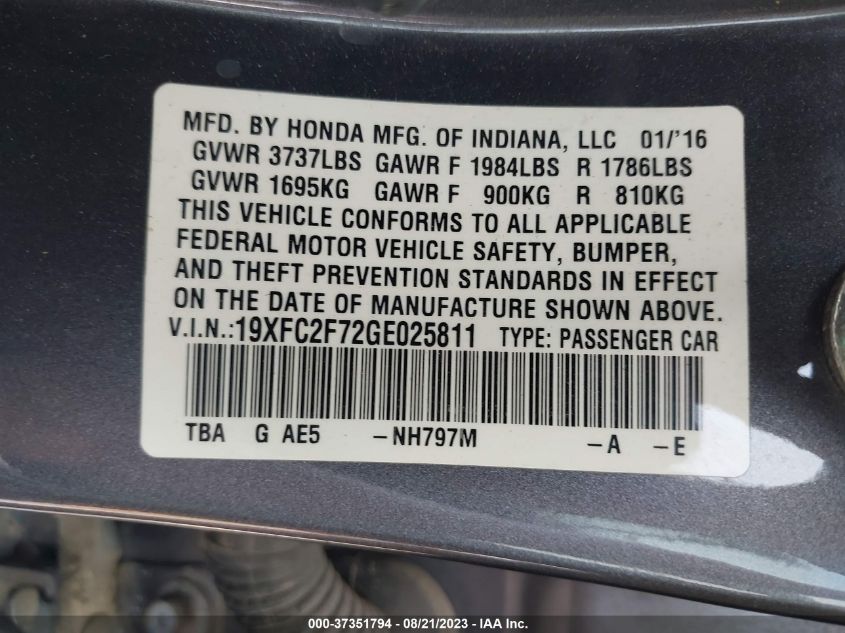 2016 HONDA CIVIC SEDAN EX - 19XFC2F72GE025811