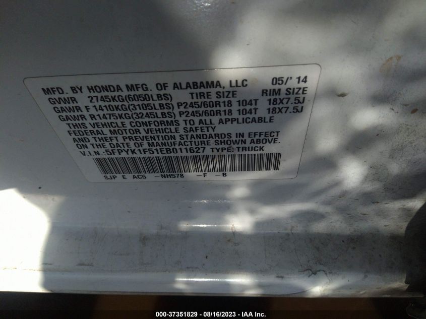 2014 HONDA RIDGELINE RTL - 5FPYK1F51EB011627