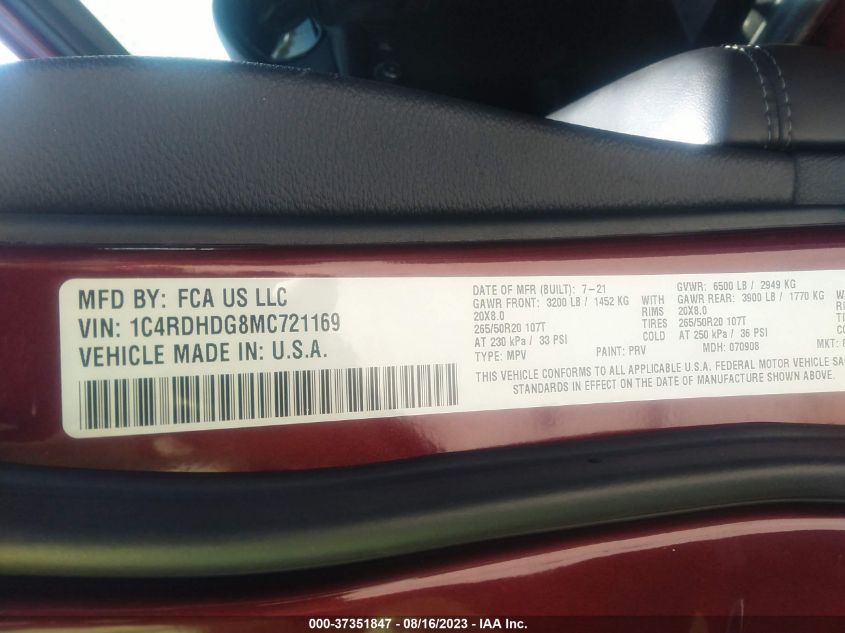 2021 DODGE DURANGO GT PLUS - 1C4RDHDG8MC721169