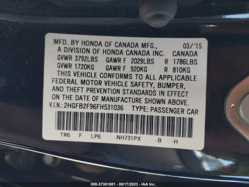 2015 HONDA CIVIC SEDAN EX-L - 2HGFB2F96FH531036
