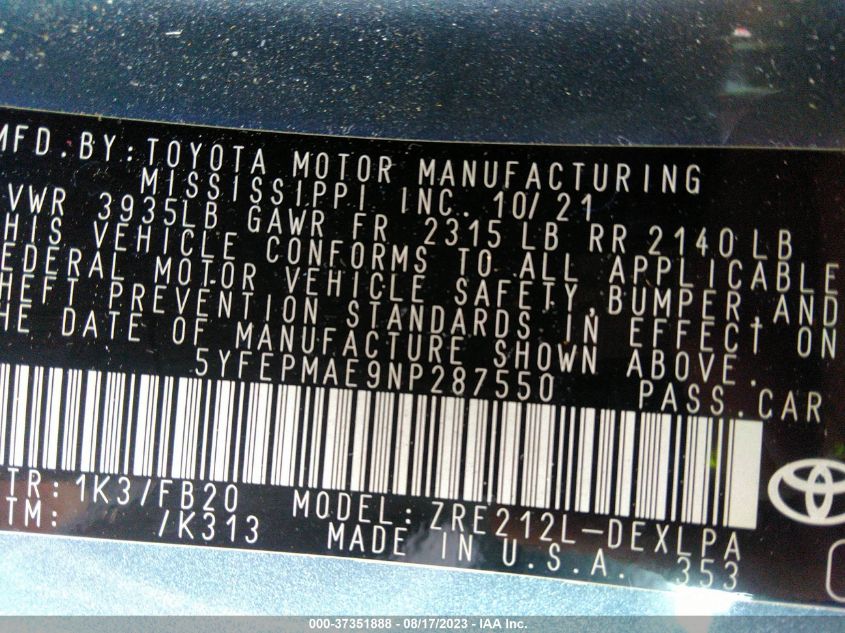 2022 TOYOTA COROLLA LE - 5YFEPMAE9NP287550