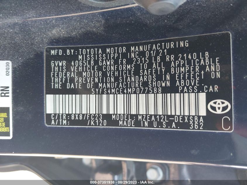 2021 TOYOTA COROLLA SE/NIGHTSHADE/APEX SE - 5YFS4MCE4MP077588
