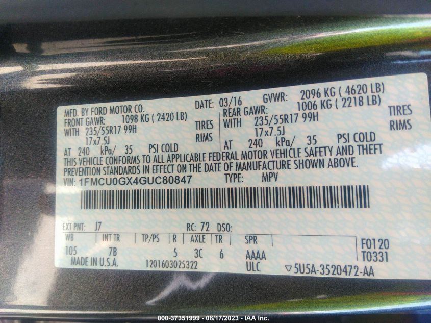 2016 FORD ESCAPE SE - 1FMCU0GX4GUC80847