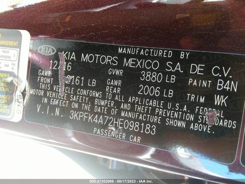 2017 KIA FORTE LX - 3KPFK4A72HE098183