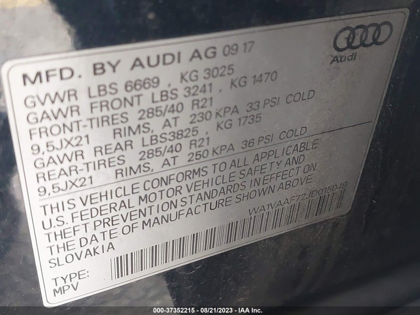 VIN WA1VAAF72JD015049 2018 AUDI Q7 PRESTIGE