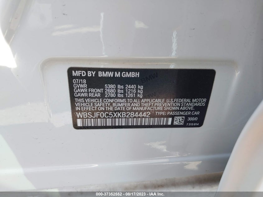 VIN WBSJF0C5XKB284442 2019 BMW M5