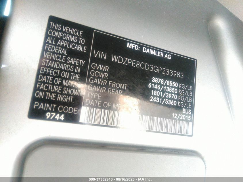 2016 MERCEDES-BENZ SPRINTER PASSENGER VANS WDZPE8CD3GP233983